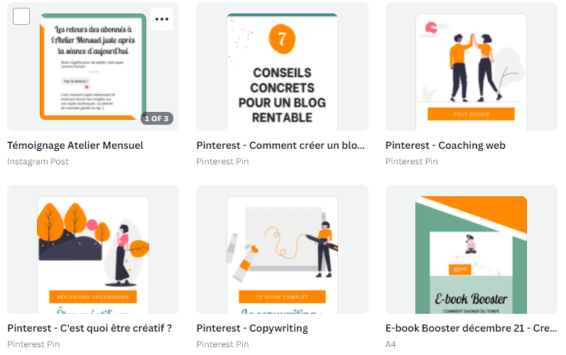 Exemple de visuels créés avec Canva pour sa communication en ligne (Pinterest, Instagram, LinkedIn).